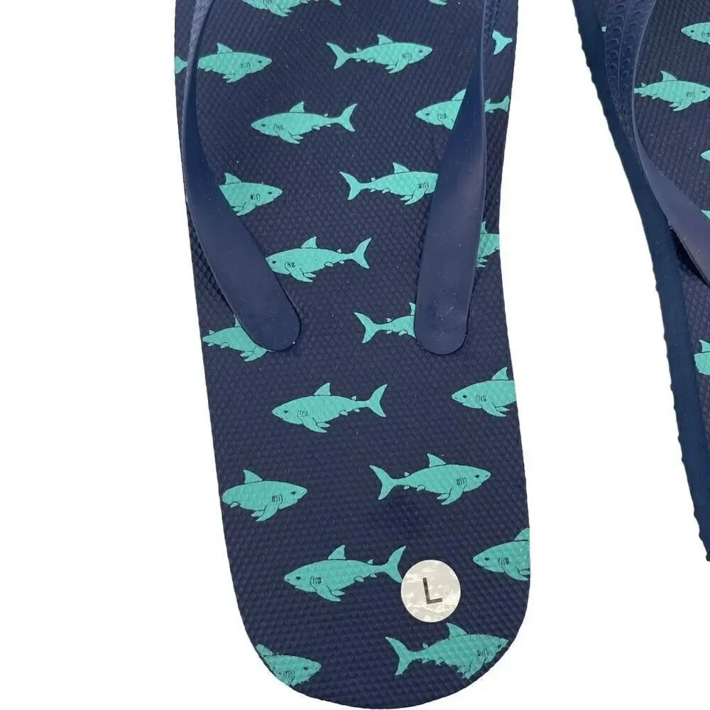 Boy’s Navy Blue Fish Shark Printed Foam Flip-Flop Sandals Large 2/3